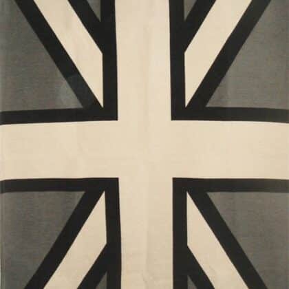 A grey cotton cushion with United Kingdom flag on it