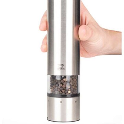 This electric salt and pepper mills in stainless steel duo touch mill peugeot