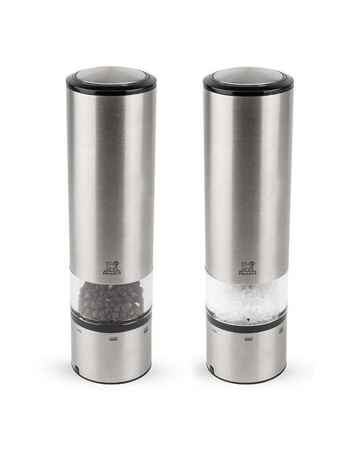This electric salt and pepper mills in stainless steel duo touch mill peugeot