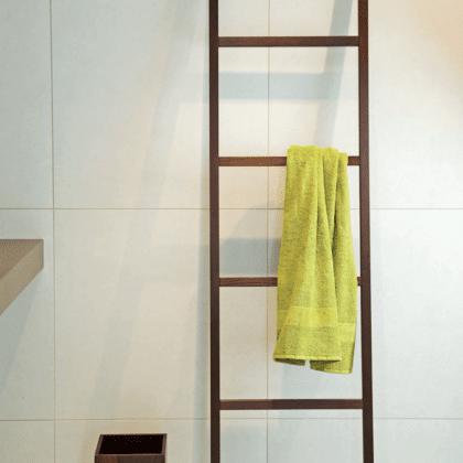 Dark wood towel ladder bathroom decor walther